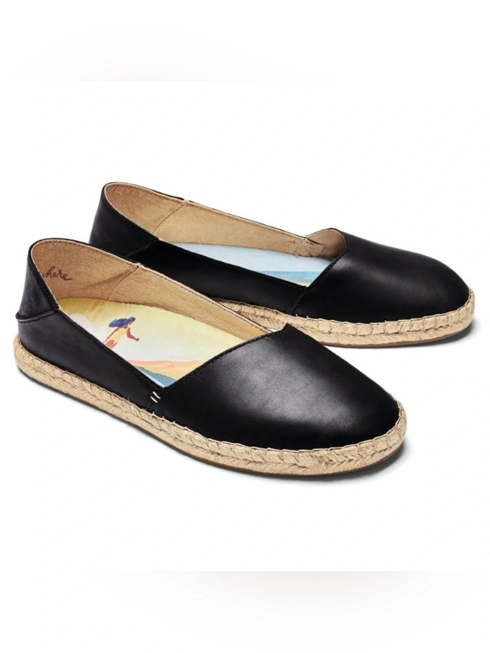 OluKai Kaula Pa'A 'Ili black leather slip-on espadrille flats